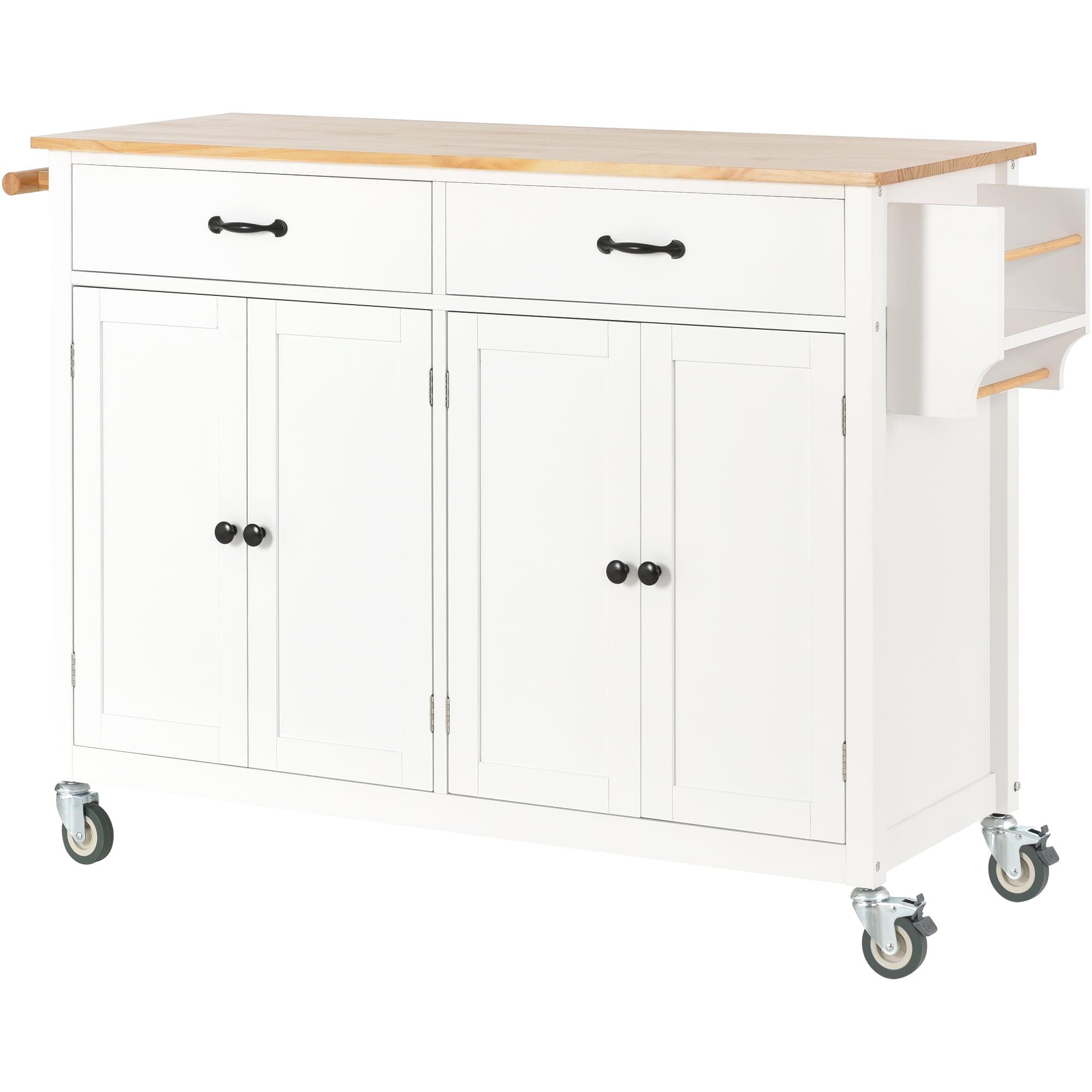 White Solid Wood Top Kitchen Island Cart with Storage and Wheels