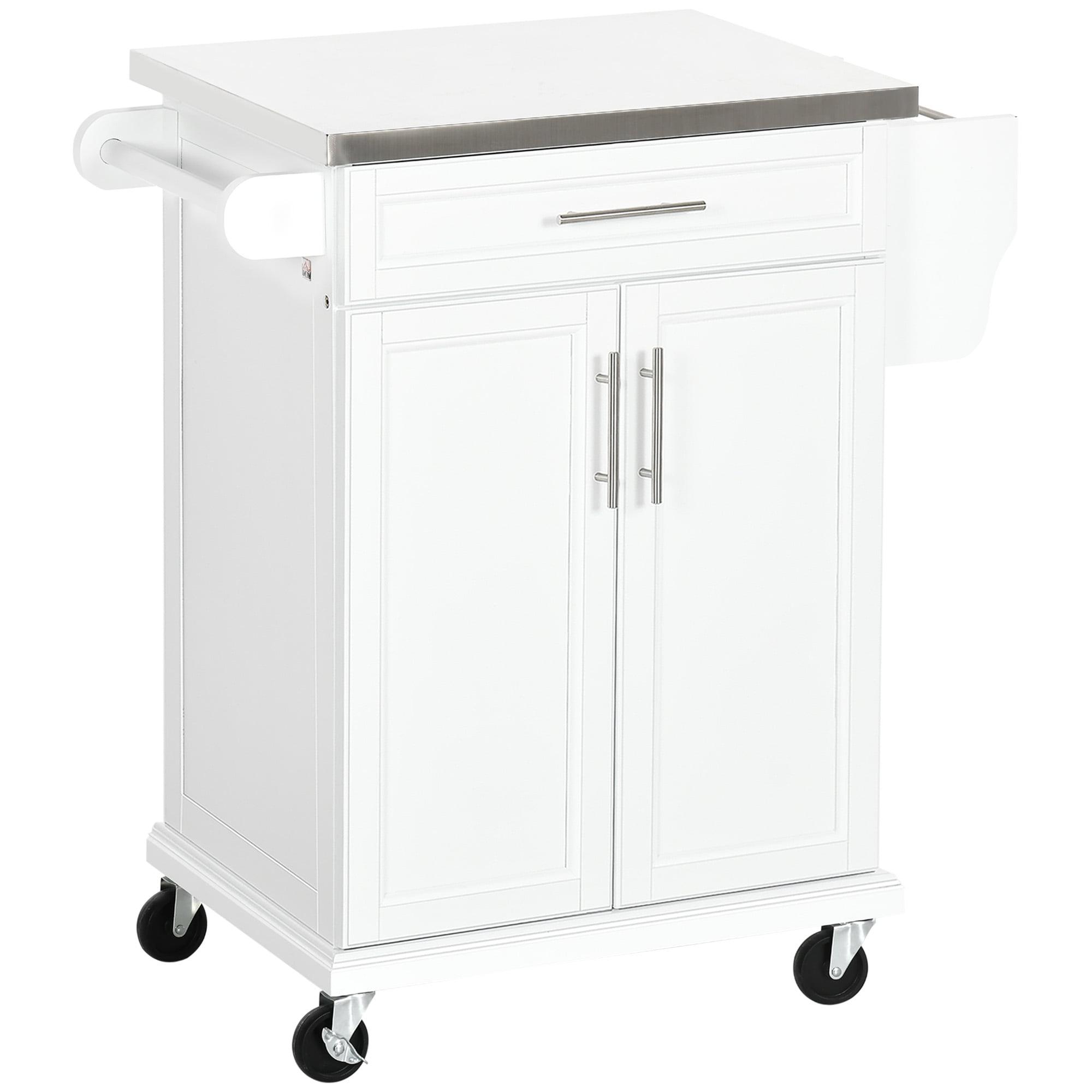 Qumbnk Stainless Steel Top Kitchen Cart with Wheels and Drawer, Modern Rolling Kitchen Island with Towel Rack and Spice Rack, White