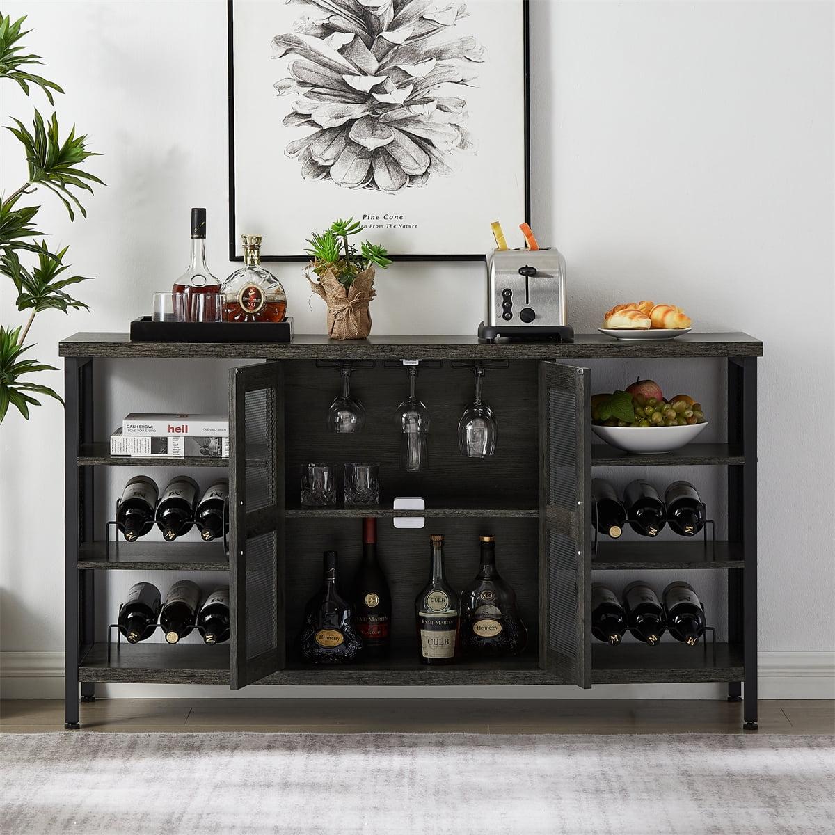 Industrial Wine Bar Cabinet，Sideboard with Wine Racks and Stemware Holder