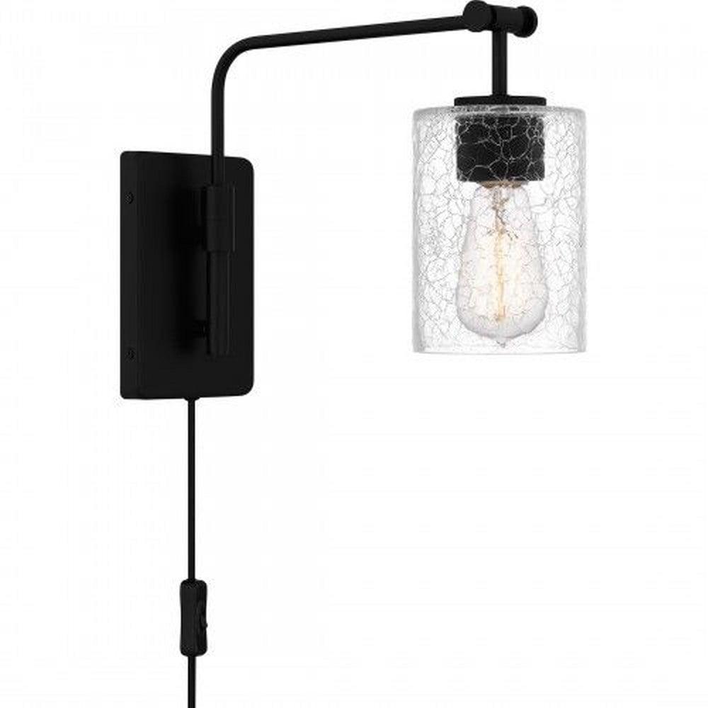 Matte Black Adjustable Wall Sconce with Crackle Glass Shade