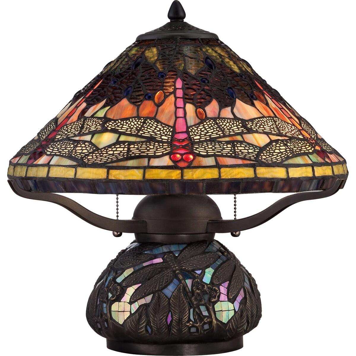 Elegant Tiffany Dragonfly 17" Bronze Table Lamp with Glass Mosaic Shade