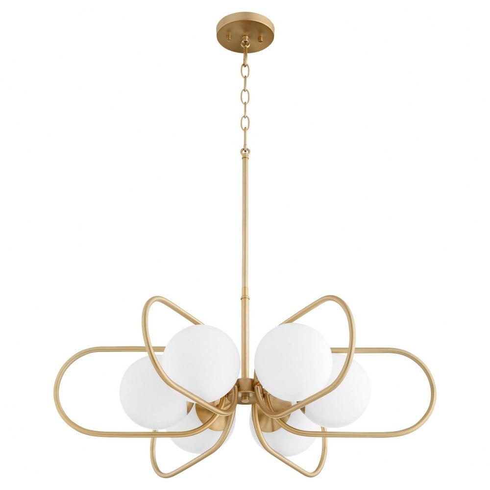 Aged Brass 6-Light Chandelier with Satin Opal Glass Shades