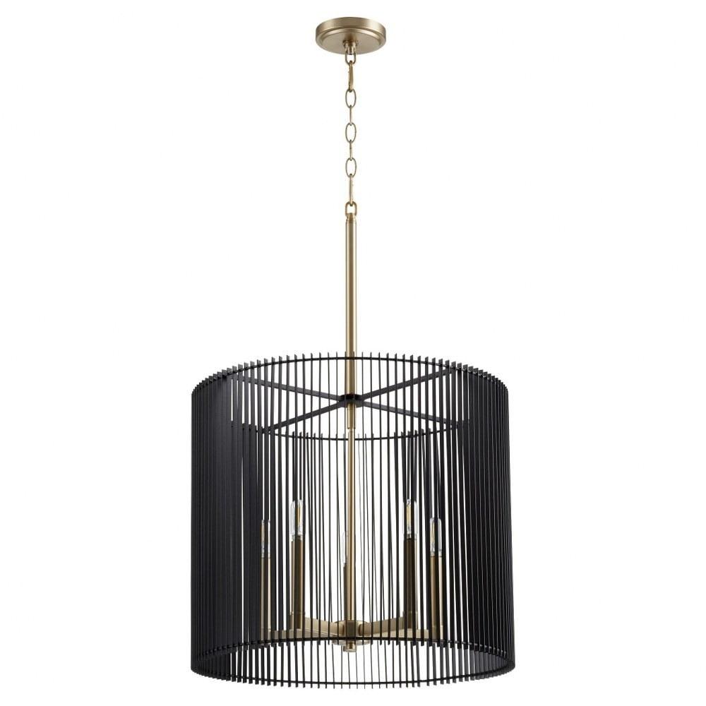 Aged Brass 5-Light Drum Pendant with Noir Strips