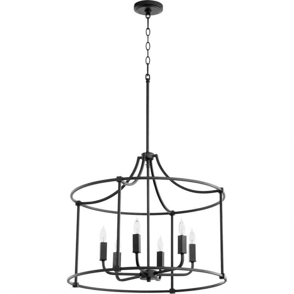 Transitional Olympus 6-Light Drum Pendant in Textured Black and Satin Nickel