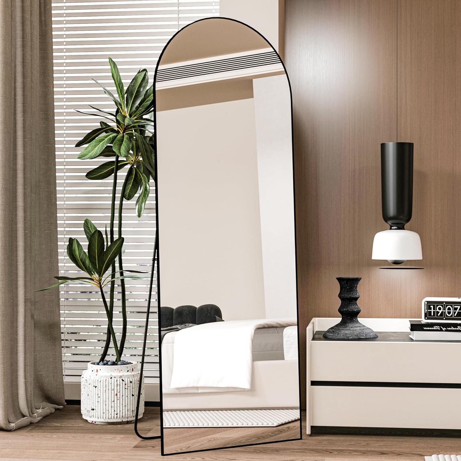 Blorly 21" x 64" Black Modern Arched Full Length Wall Mirror,Body Floor Mirror with Stand
