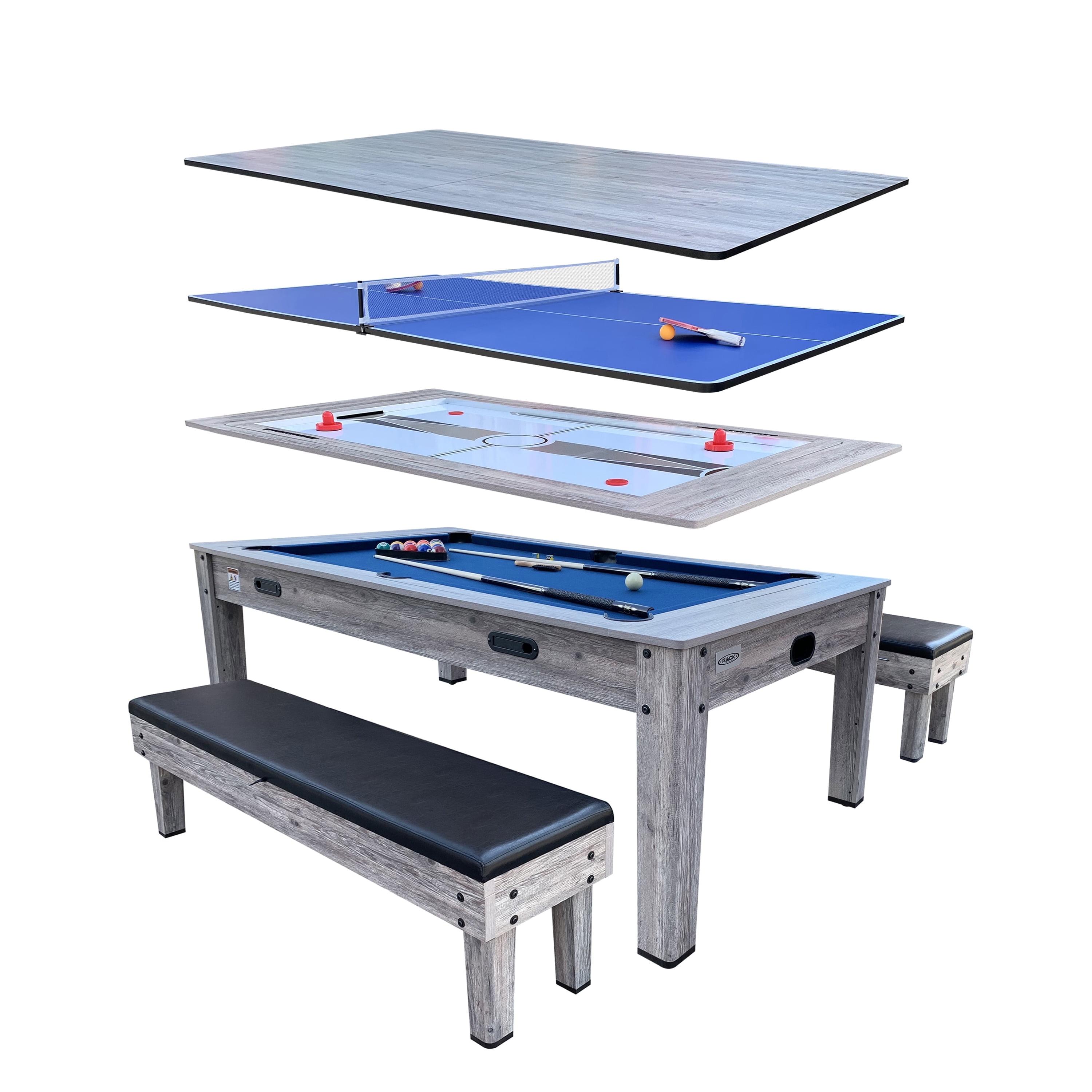 RACK Pool Tables Rack Luxor 7.5-Foot 4-In-1 Multi-Game Swivel Billiard/Pool Table (Blue Felt With 2 Bench)