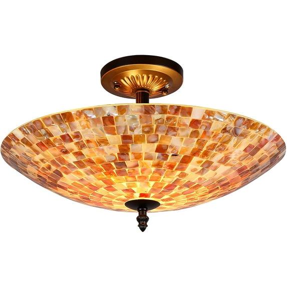 16 Inches 2 Light Mosaic Design Semi Flush Ceiling Fixture, Bronze