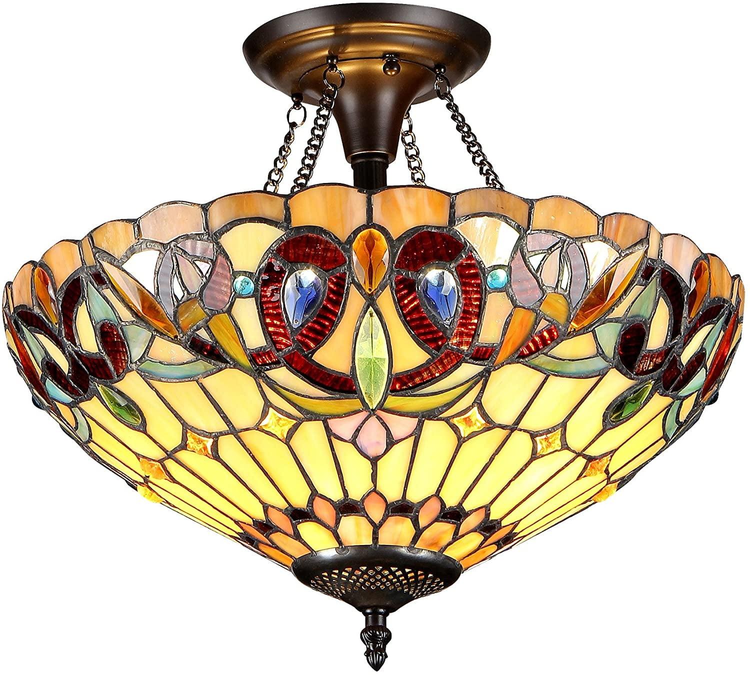 SERENITY Tiffany-style 2 Light Victorian Semi-flush Ceiling Fixture 16" Shade