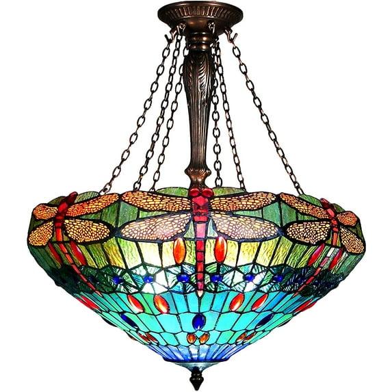 Chloe Lighting Scarlet Tiffany-Style 3 Light Dragonfly Inverted Ceiling Pendant 24`` Shade