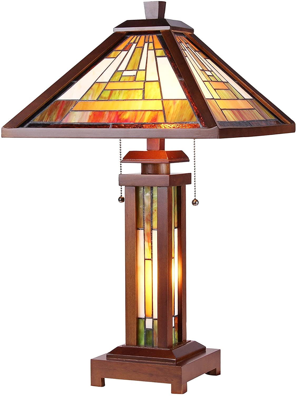 CHLOE Lighting GAWAIN Tiffany-style Mission 3 Light Double Lit Wooden Table Lamp 15" Shade