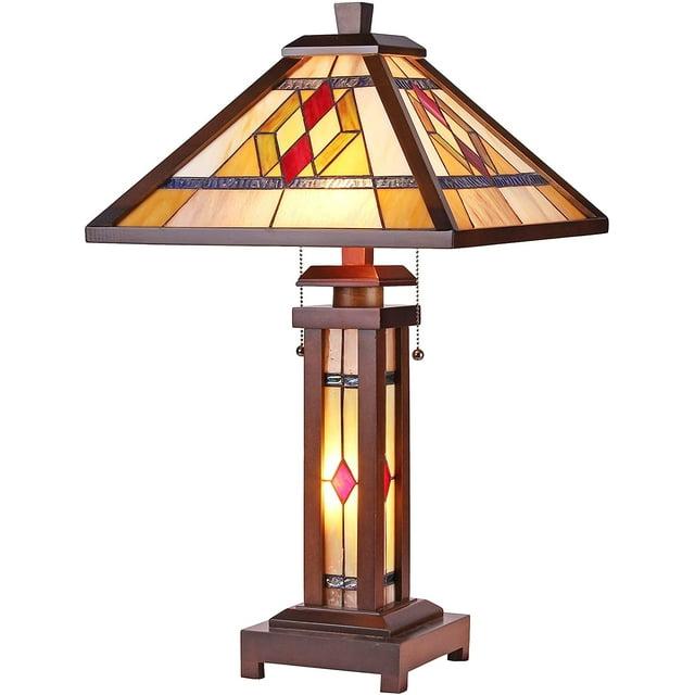 Chloe Lighting Gareth Tiffany-Style Mission 3 Light Double Lit Wooden Table Lamp 15" Shade