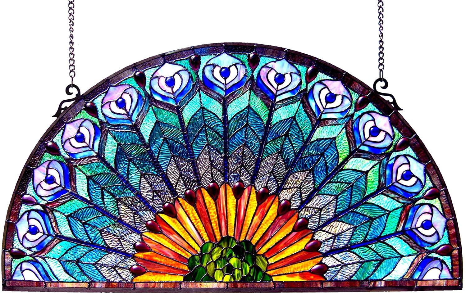 Eudora Antique Bronze Peacock Feather Stained Glass Window Panel 35x18