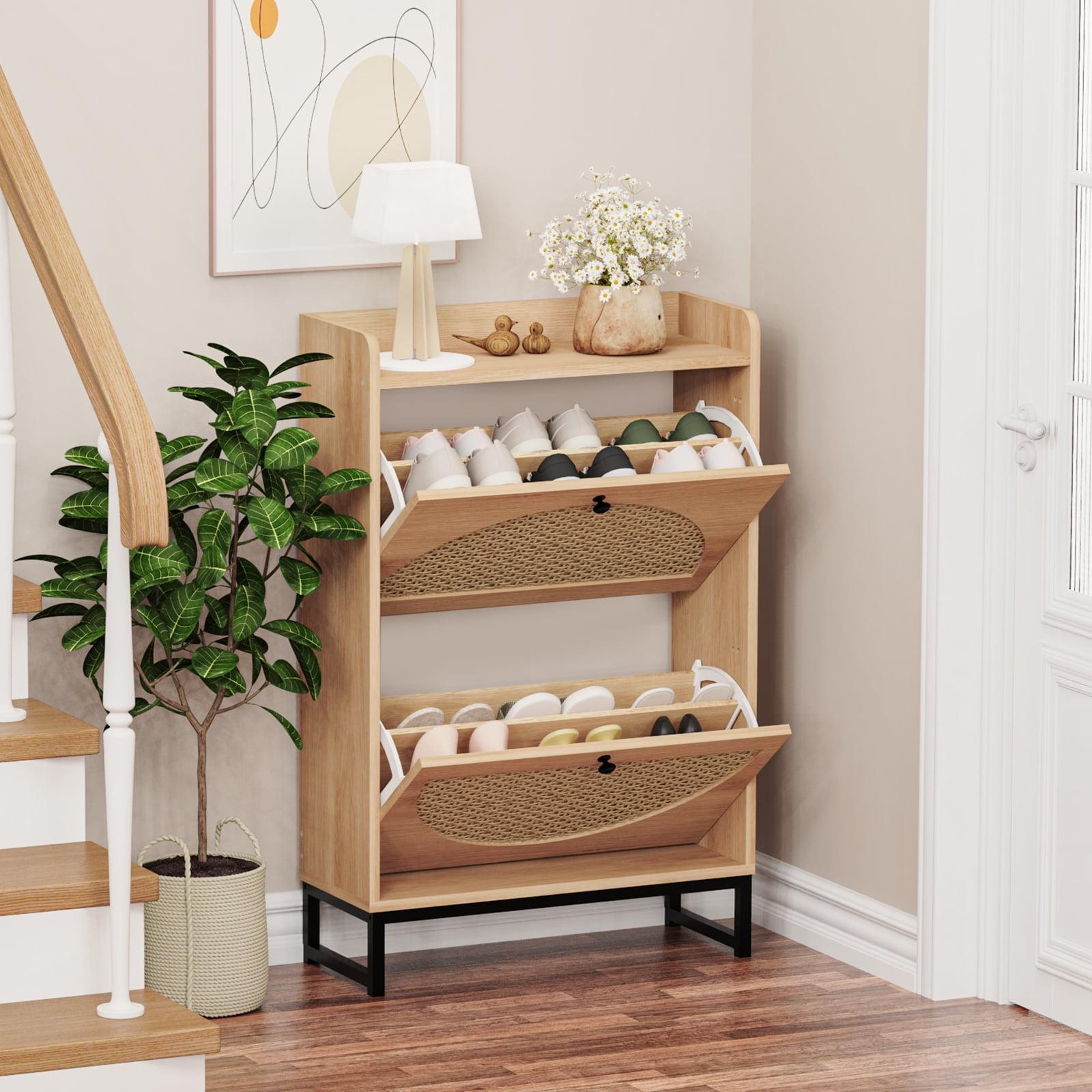 Natural Wood and Rattan Shoe Cabinet with Metal Legs