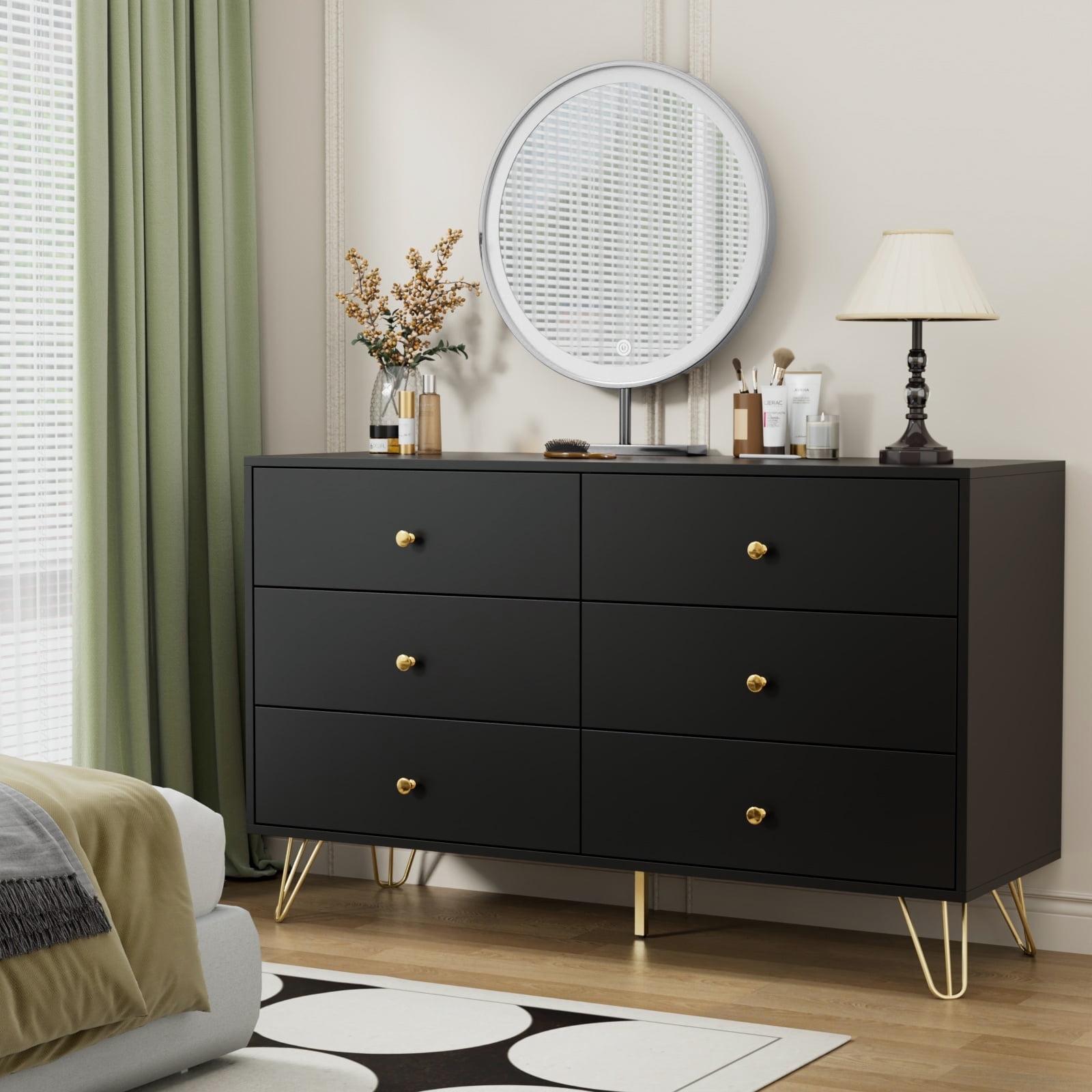 Black Dresser for Bedroom, 6 Drawer Dresser with Golden Handles, Large Storage Cabinet, Modern Chest of Drawers Organizer Storage for Hallyway, Entryway