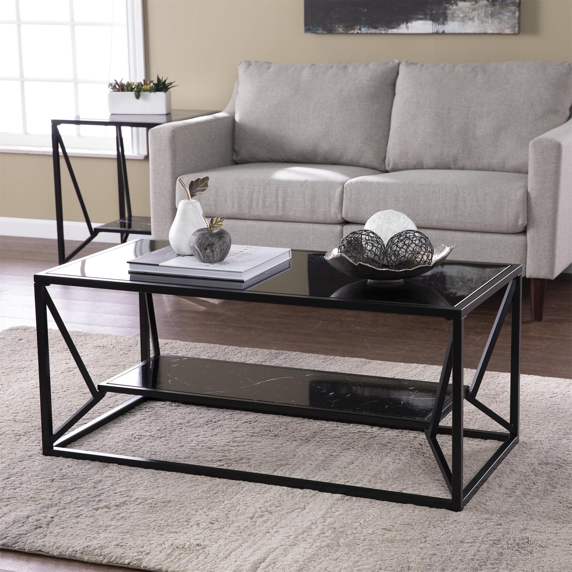 Black Glass and Faux Marble Cocktail Table with Storage Shelf