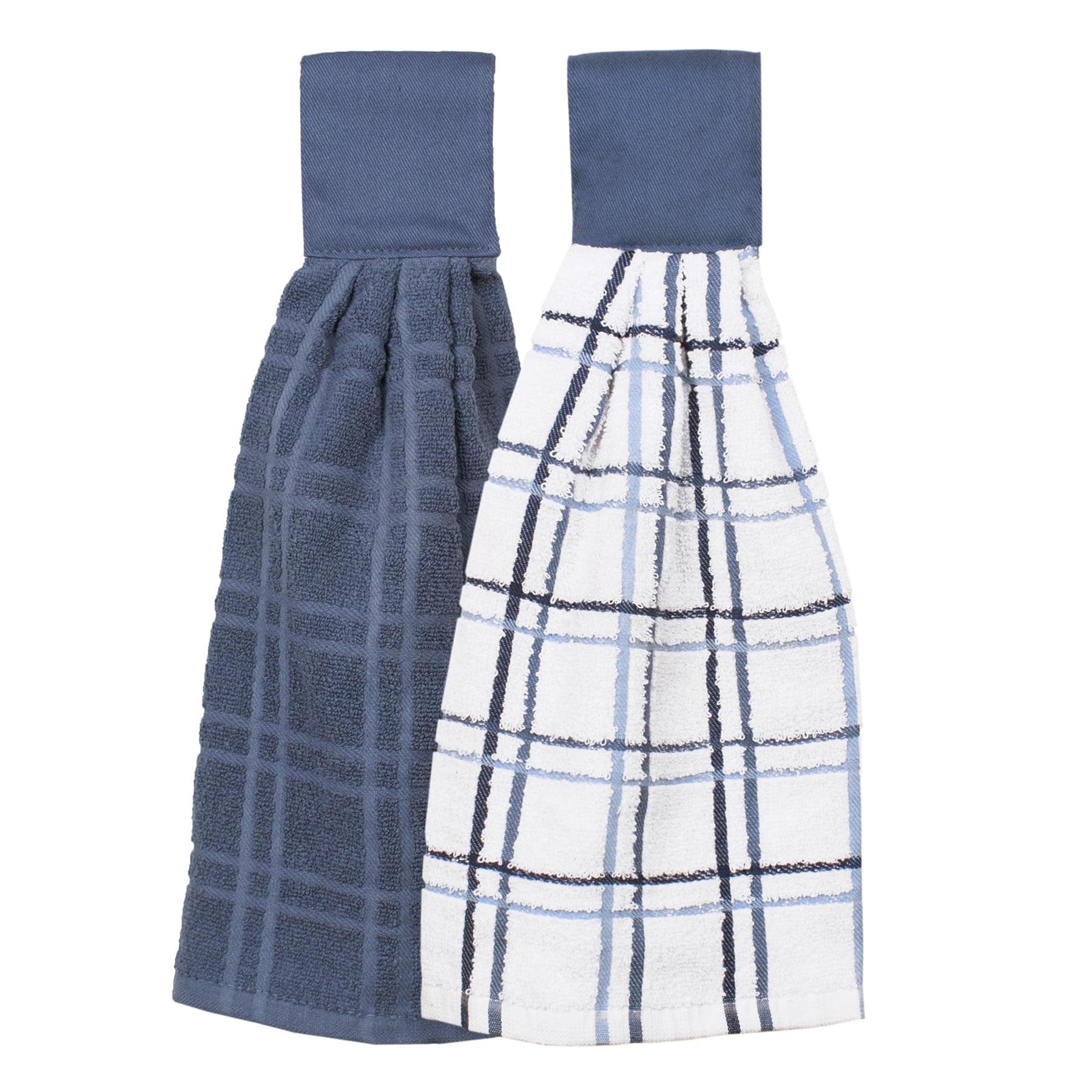 RITZ Solid and Multi Check Kitchen Tie Towel Set, 2-Pack, Federal Blue, 8.8” x 17”