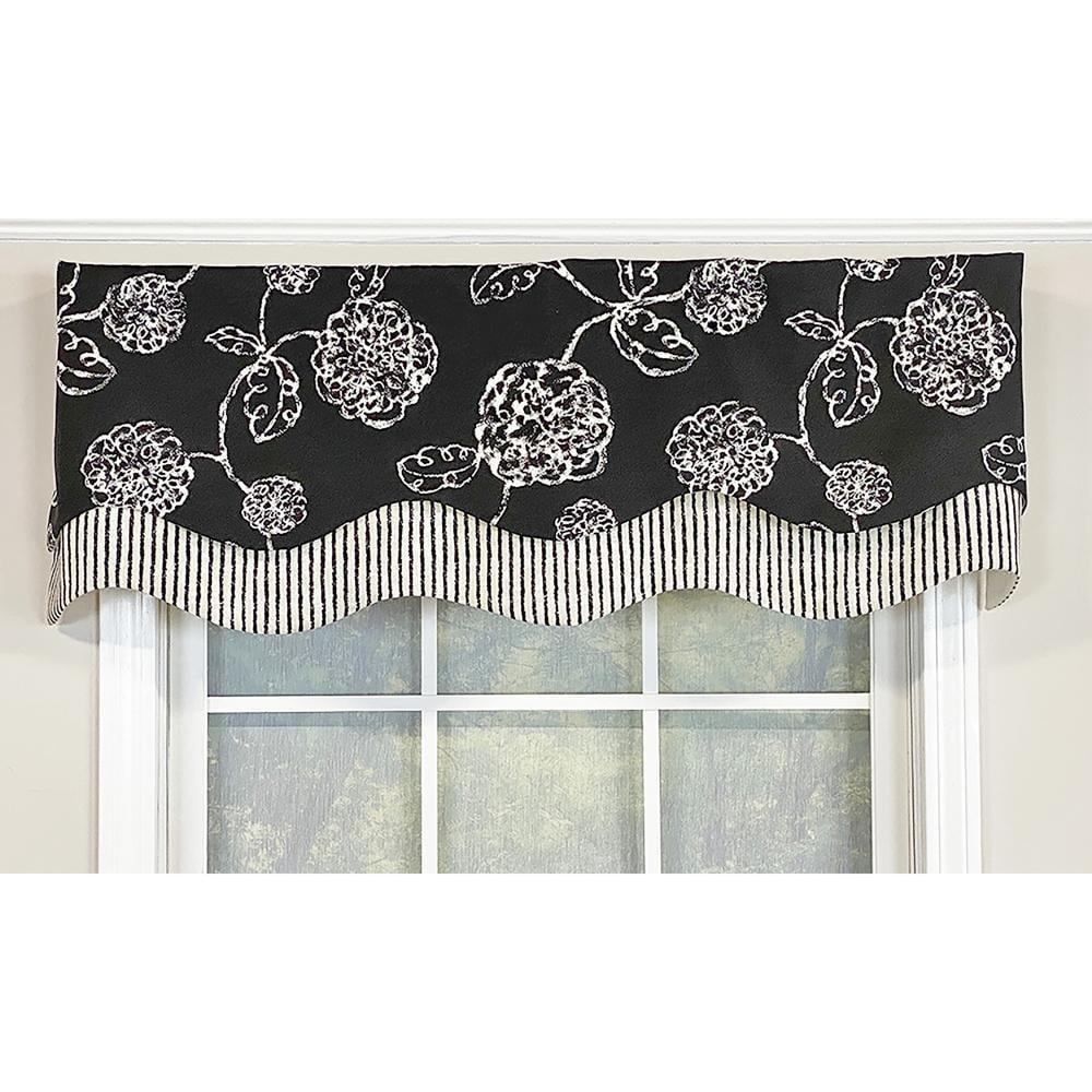 Black Floral Sketch Rod Pocket Window Valance with Striped Trim