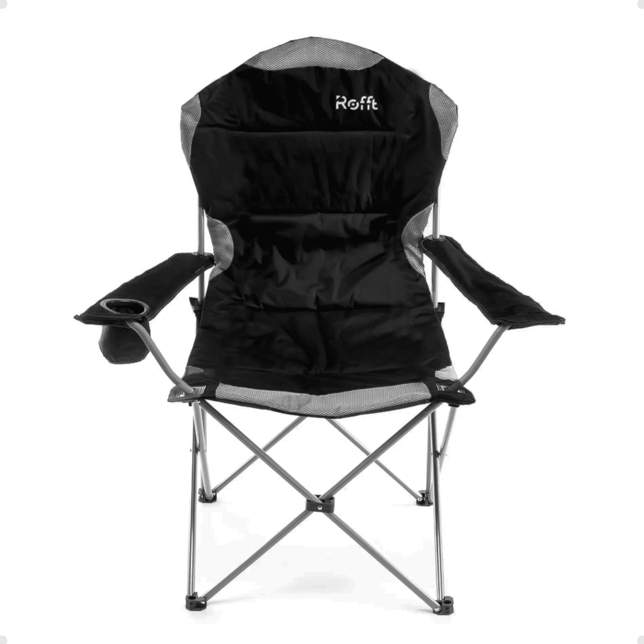 ROFFT Camping Chair, Folding, Heavy Duty, Portable, 250 lb Capacity, High Back, with Cup Holder, Black