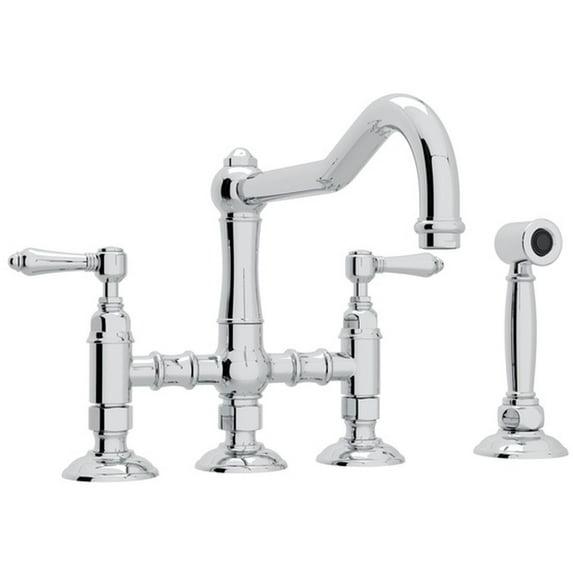 ROHL Italian Kitchen Acqui Three Leg Bridge Faucet with Metal Levers Sidespray And 9" Reach Column Spout In Polished Chrome