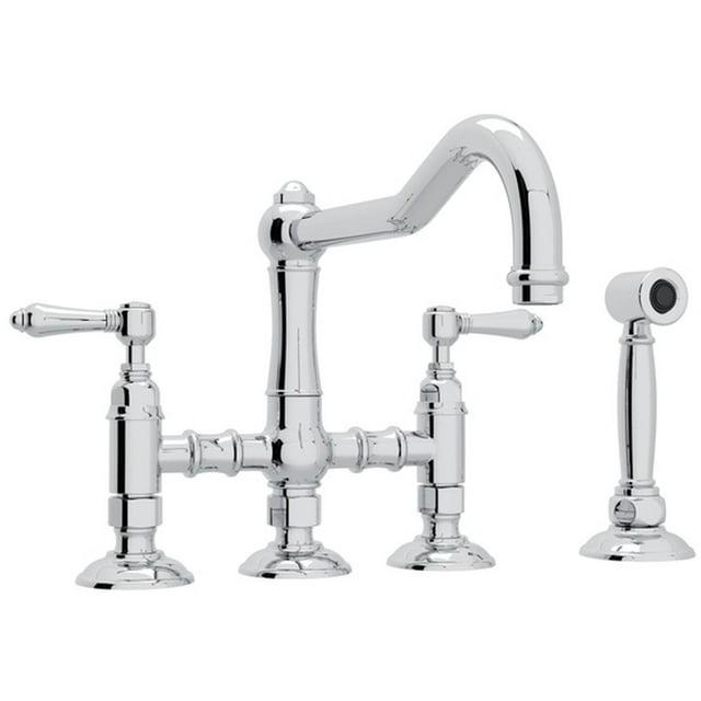 ROHL Italian Kitchen Acqui Three Leg Bridge Faucet with Metal Levers Sidespray And 9" Reach Column Spout In Polished Chrome