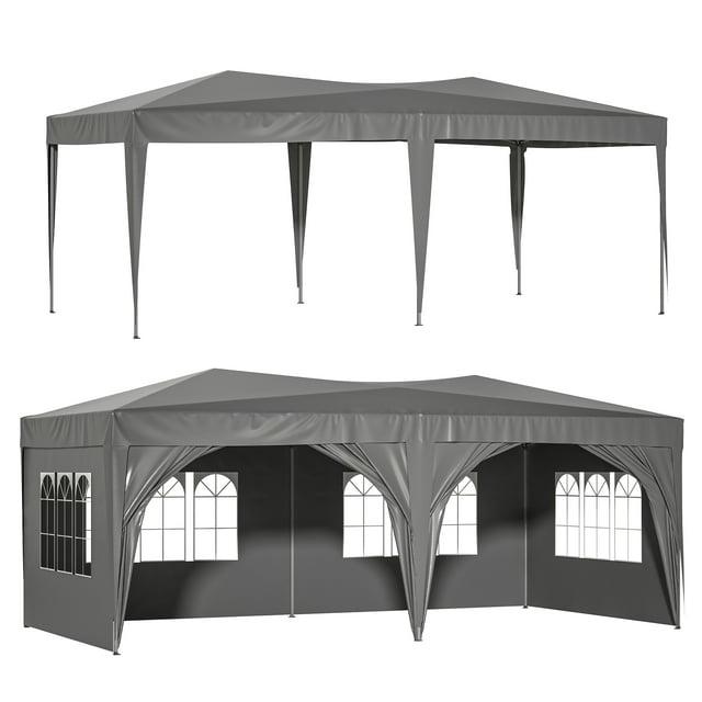 10x20in Pop Up Canopy, Canopy Tent With 6 Removable Sidewalls & Sand Bags & Pull Ropes, 12 Ground Stakes, Carry Bag, Gray