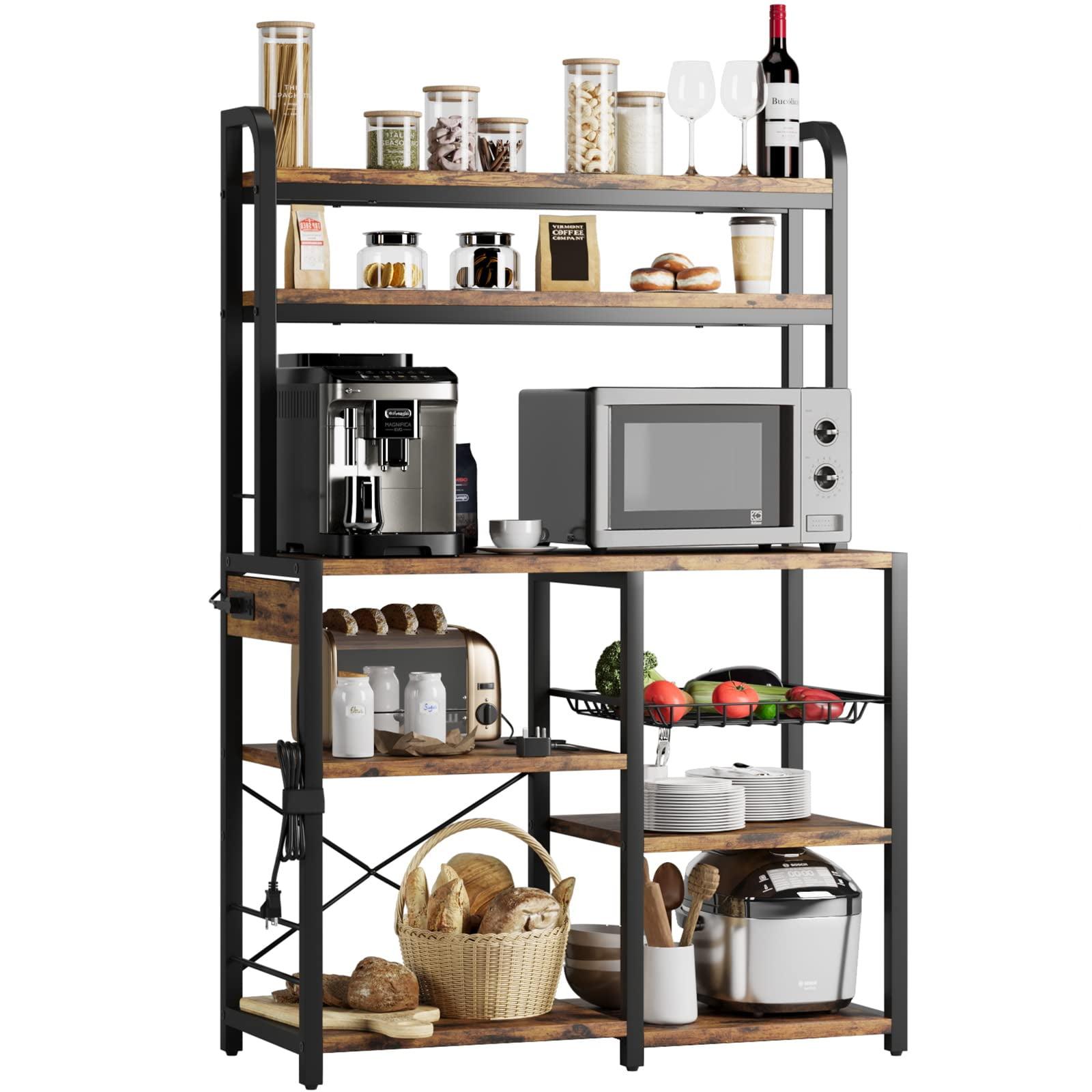 Rustic Brown Adjustable 6-Tier Kitchen Storage Rack with Power Outlet