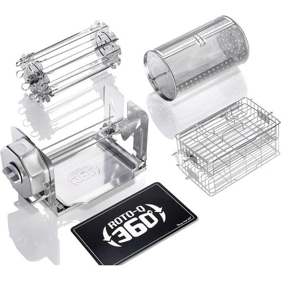 ROTO-Q 360 Family Bundle - Cordless Rotisserie Kit for Grills, Ovens, Smokers - Non-Electric Spit Roaster - Indoor/Outdoor BBQ - Stainless Steel Construction - includes Rotisserie Attachments