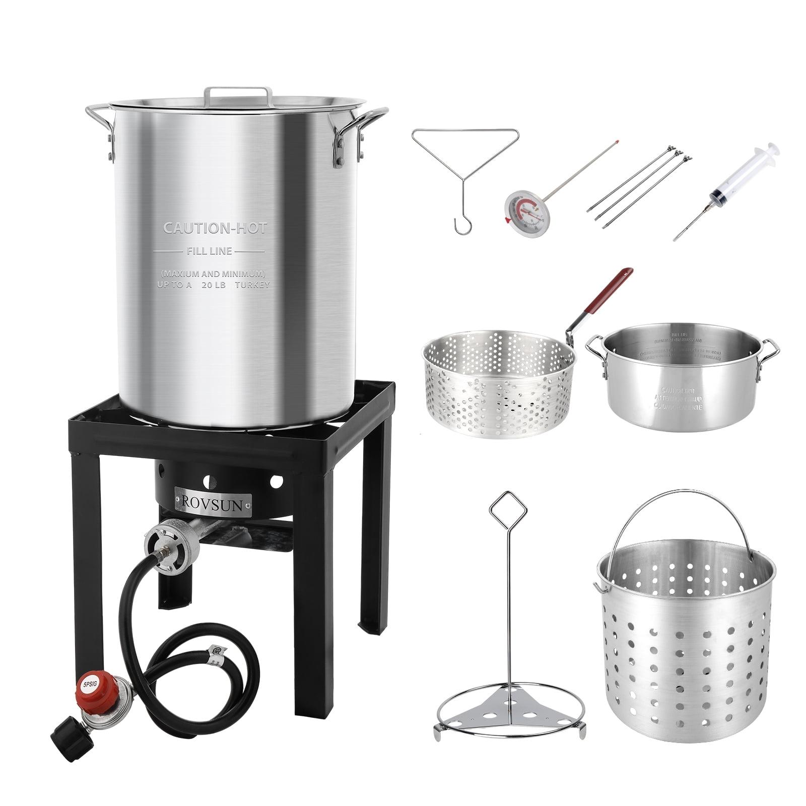 ROVSUN 30QT Turkey Fryer & 10QT Fish Fryer with 55000BTU Propane Burner, Outdoor Deep Fryer & Seafood Crawfish Boiler Steamer Pot with Thermometer, Marinade Injector, Turkey Rack & Rack Lifter