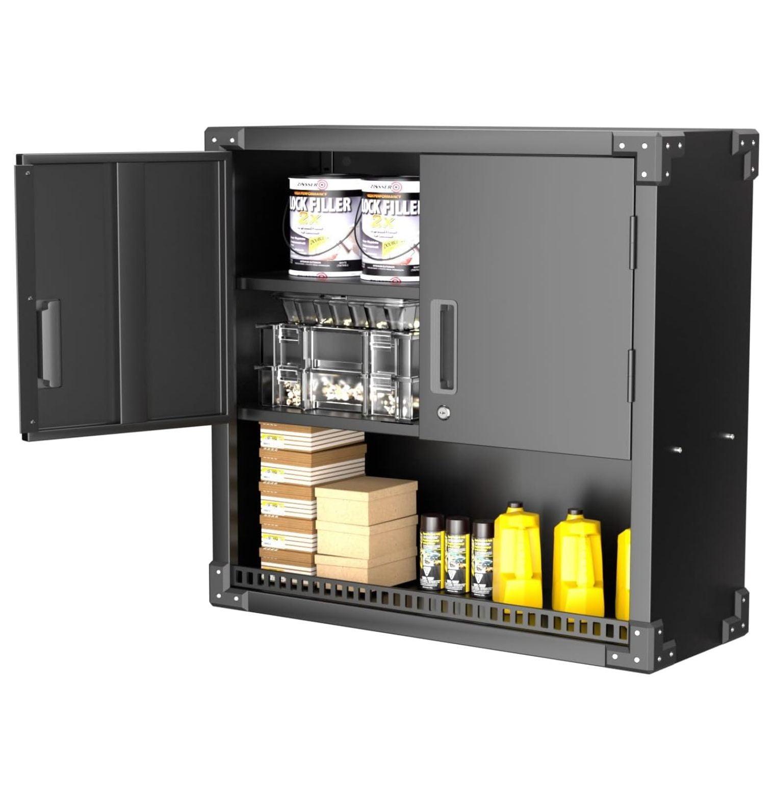 AOBABO Metal Garage Wall Mounted Storage Cabinet with Locking Door, Shelf, and Opened Drawer for Warehouse and Office Organization, Black