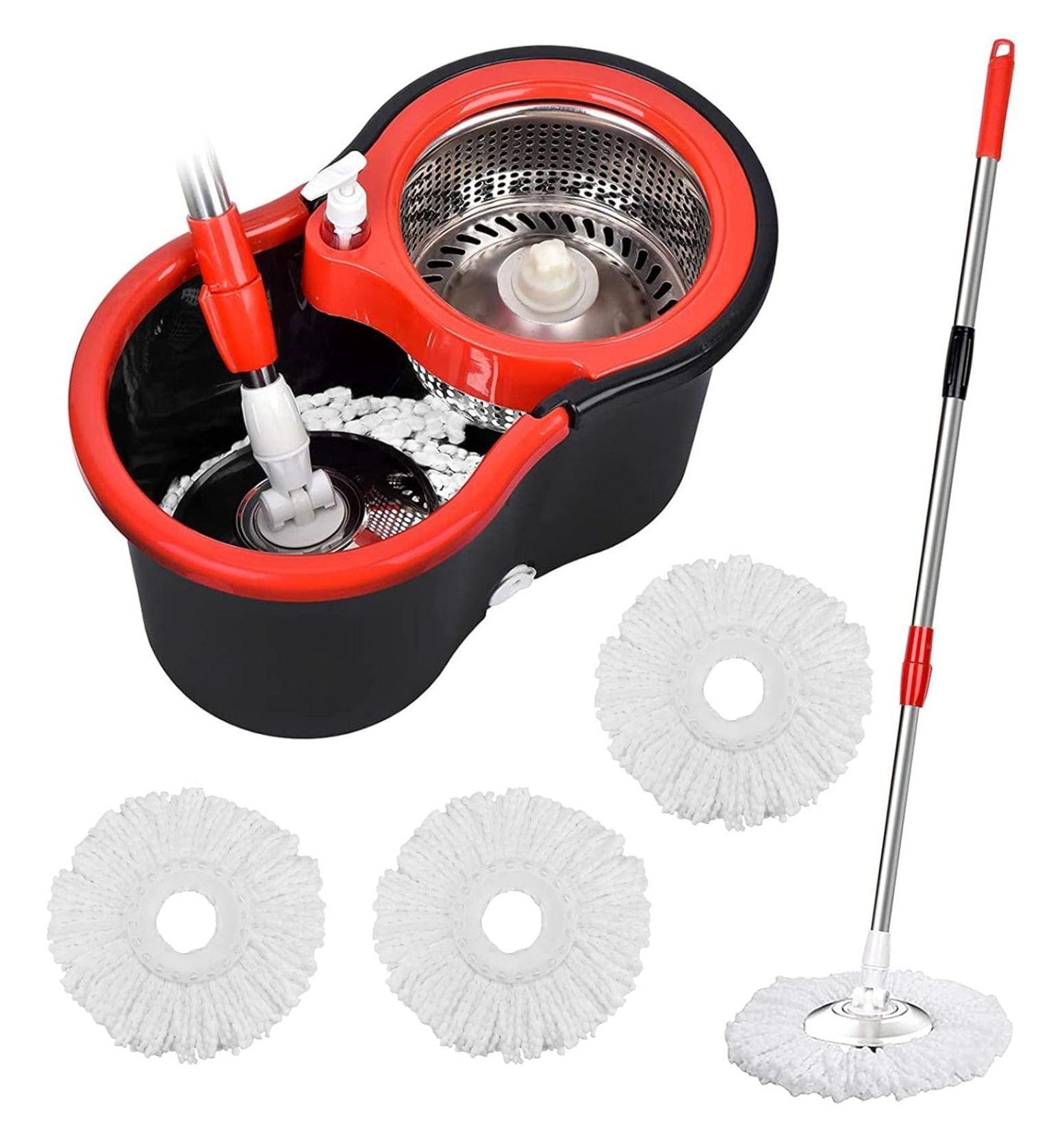 Black and Red 360° Spin Mop and Bucket Set with Microfiber Refills