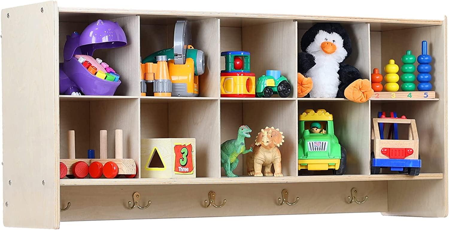 Cubby Storage Organizer with 10 Cubbies, Coat Hooks & Wall-Mounted Hanging Shelf
