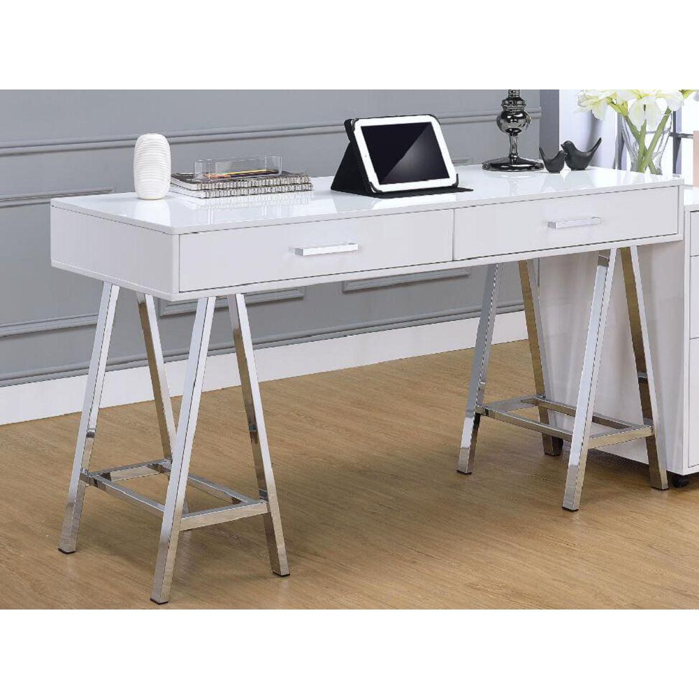 Modern White Wood Desk with Chrome Sawhorse Legs and Dual Drawers