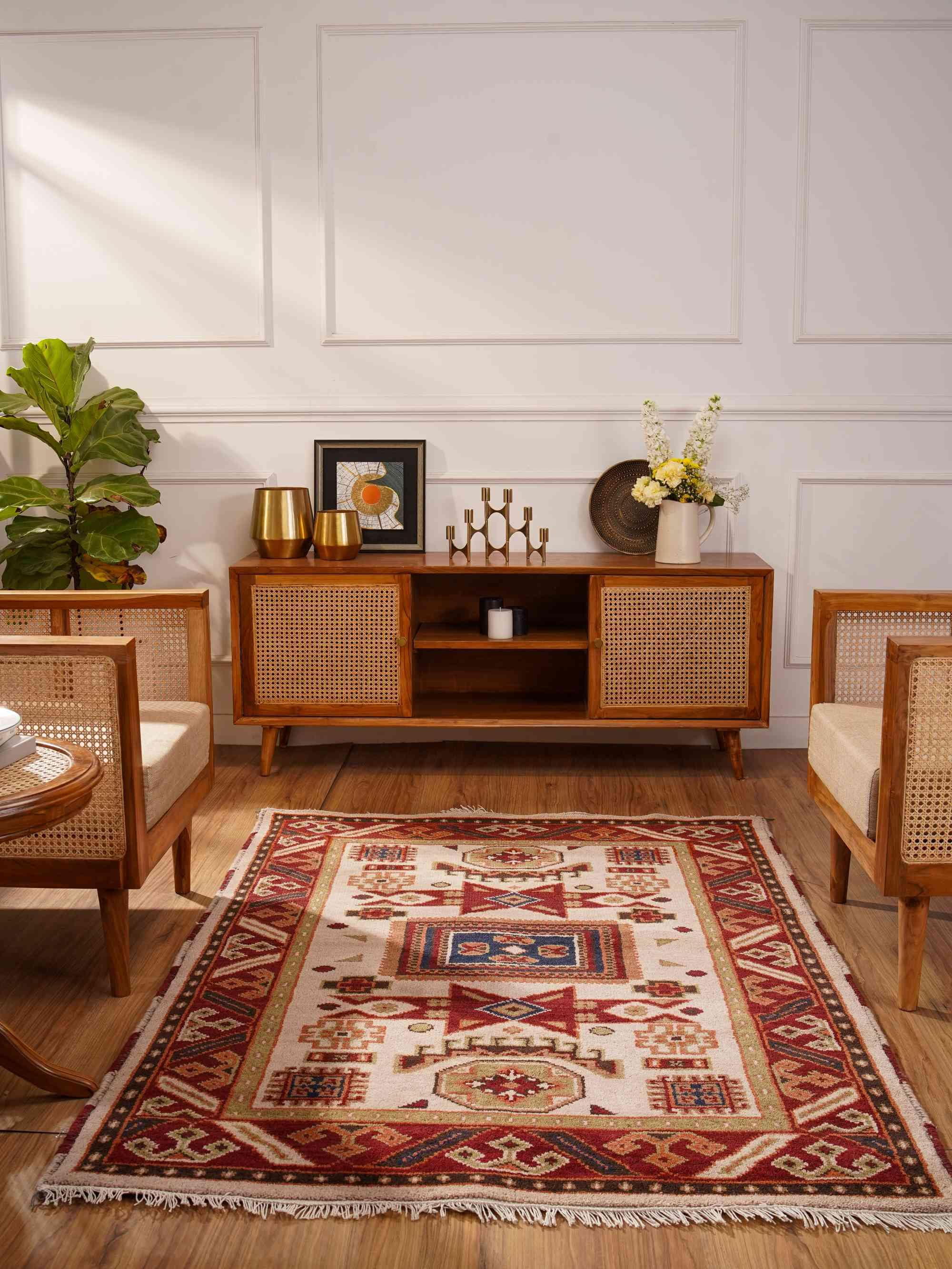 Rugsotic Carpets Hand Knotted Afghan Rugs Rectangle 4'x6' Cream Burgundy Silk-Wool for Indoor Use