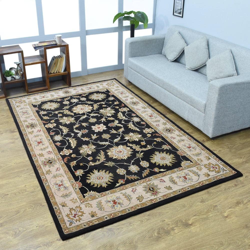 Elegant Hand-Tufted Oriental Wool Rug 8'x10', Black and Beige