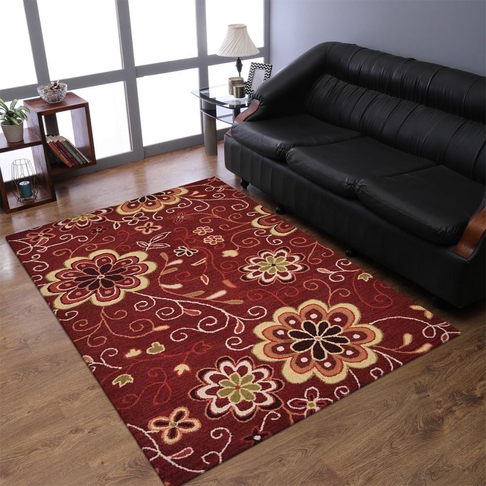 Handmade Floral Tufted Wool Rectangular Rug in Red, 5'x8'