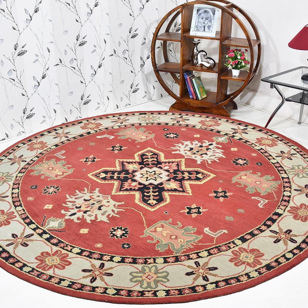 Handmade Oriental Elegance Round Wool Rug, 6'x6', Red Cream