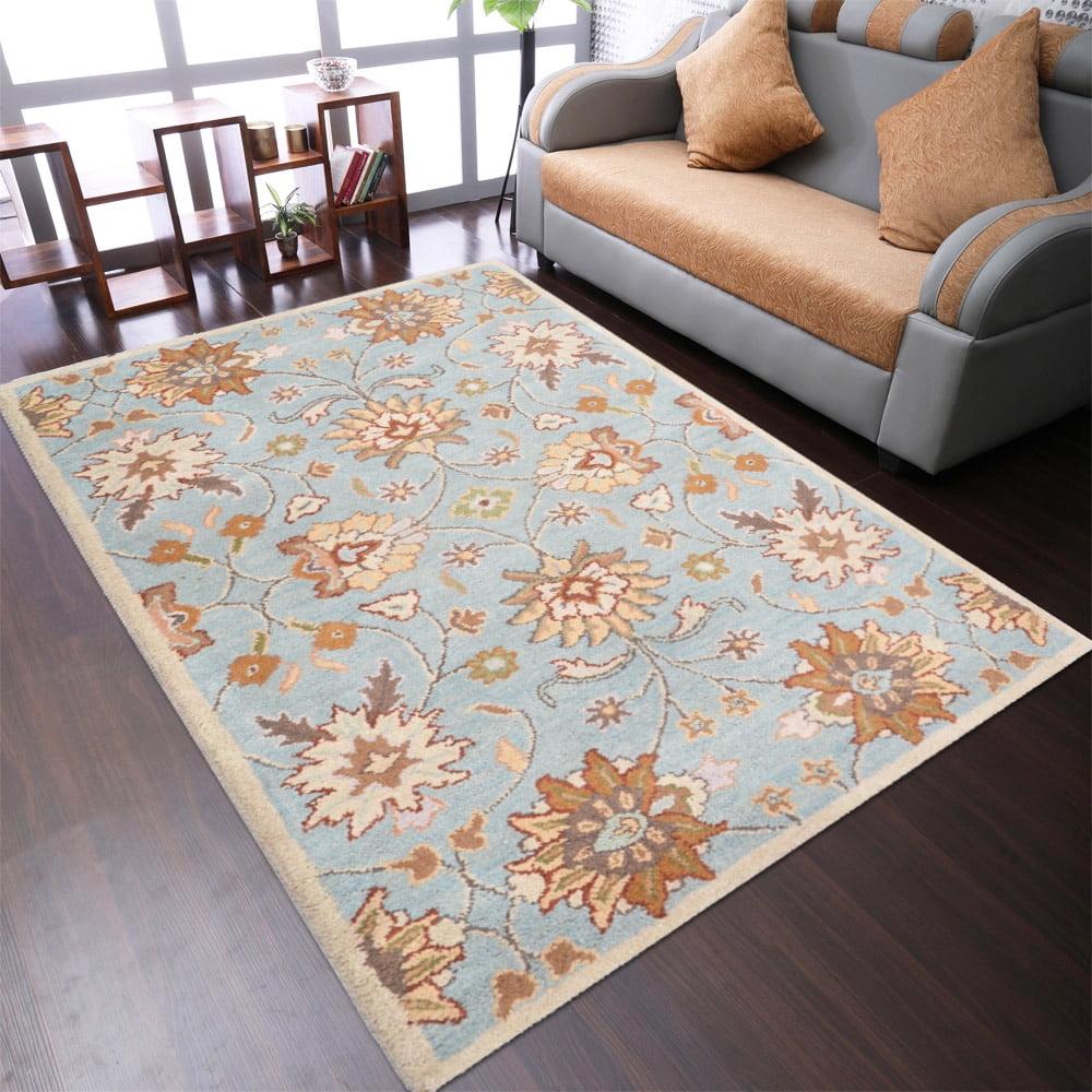 Eco-Friendly Hand-Tufted Light Blue Wool Floral Area Rug - 9' x 12'