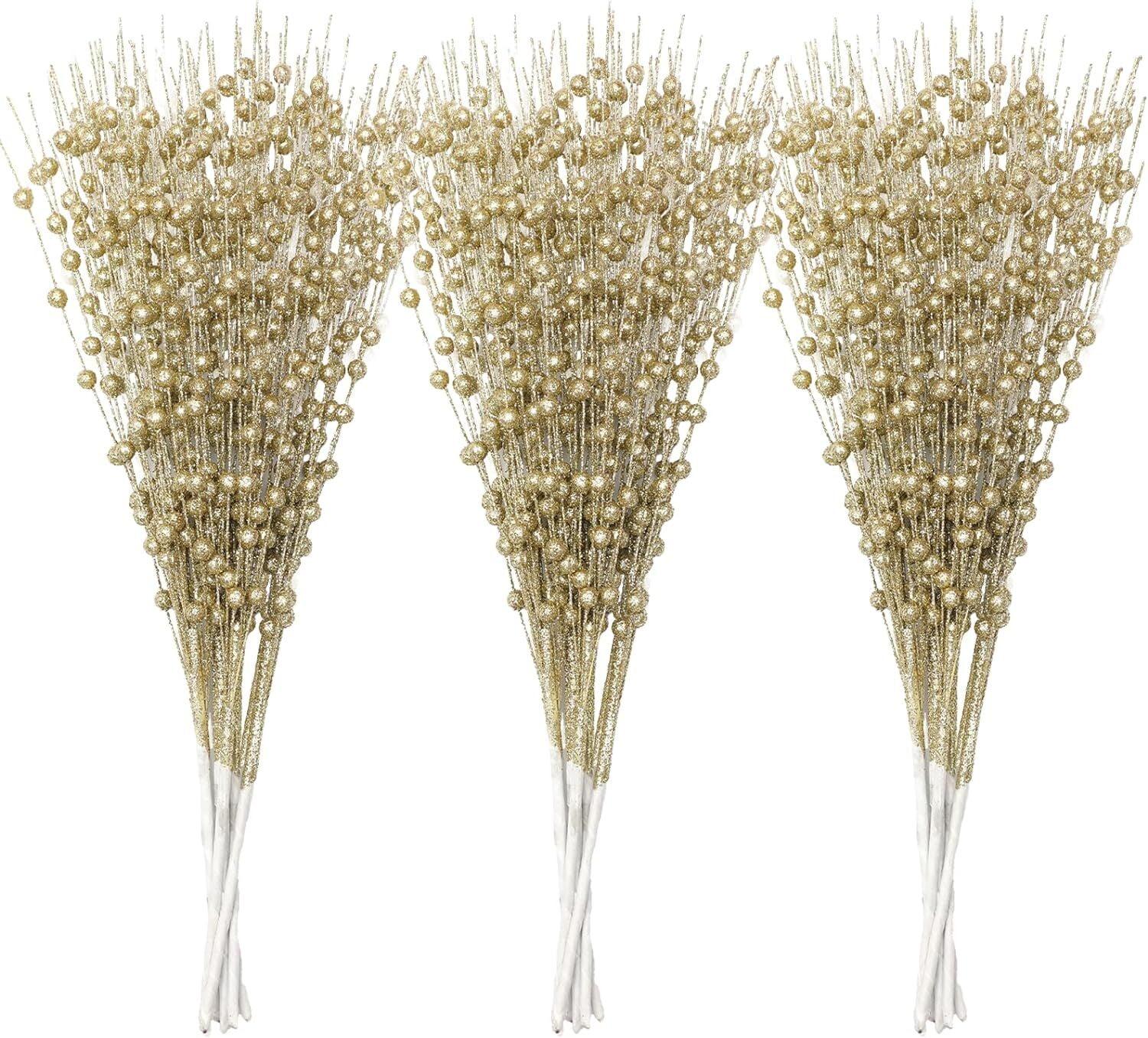 Champagne Gold Glitter Berry Stems for Christmas Decor, 30-Pack