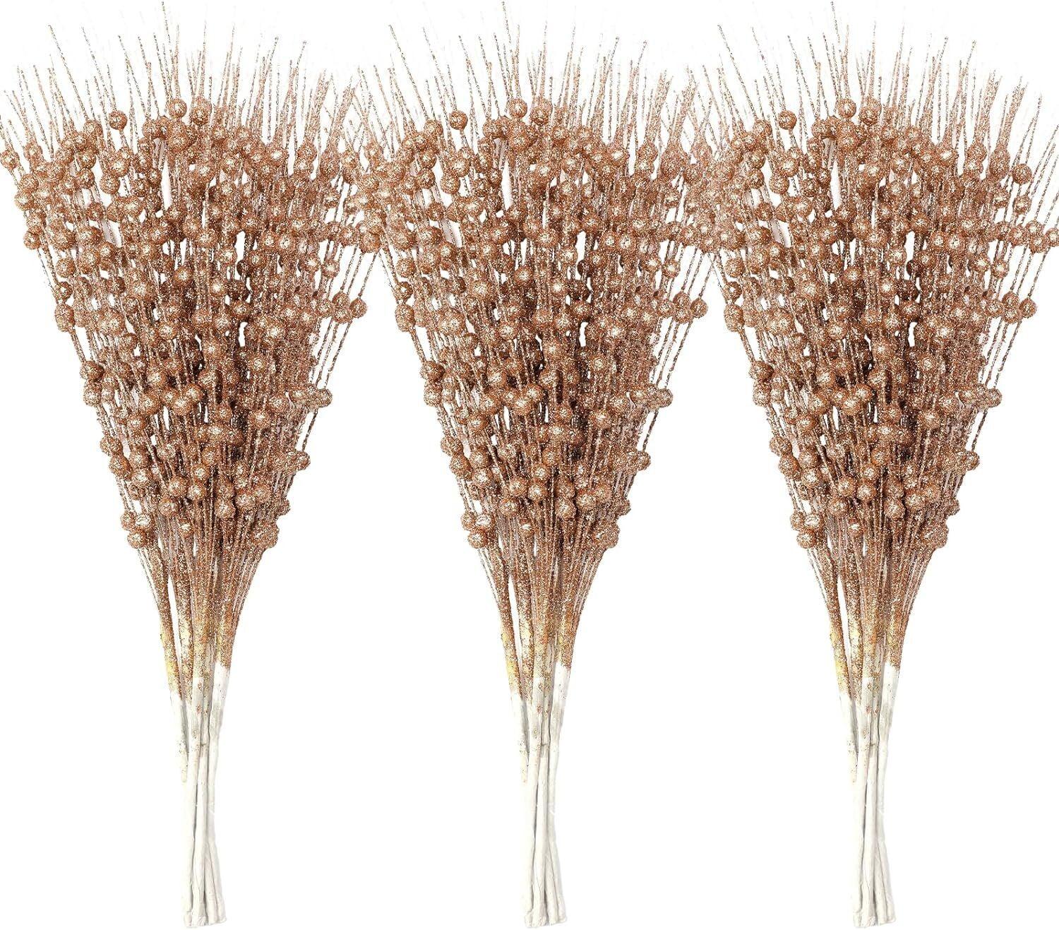 Champagne Gold Glitter Berry Stems for Christmas Decor, 30-Pack