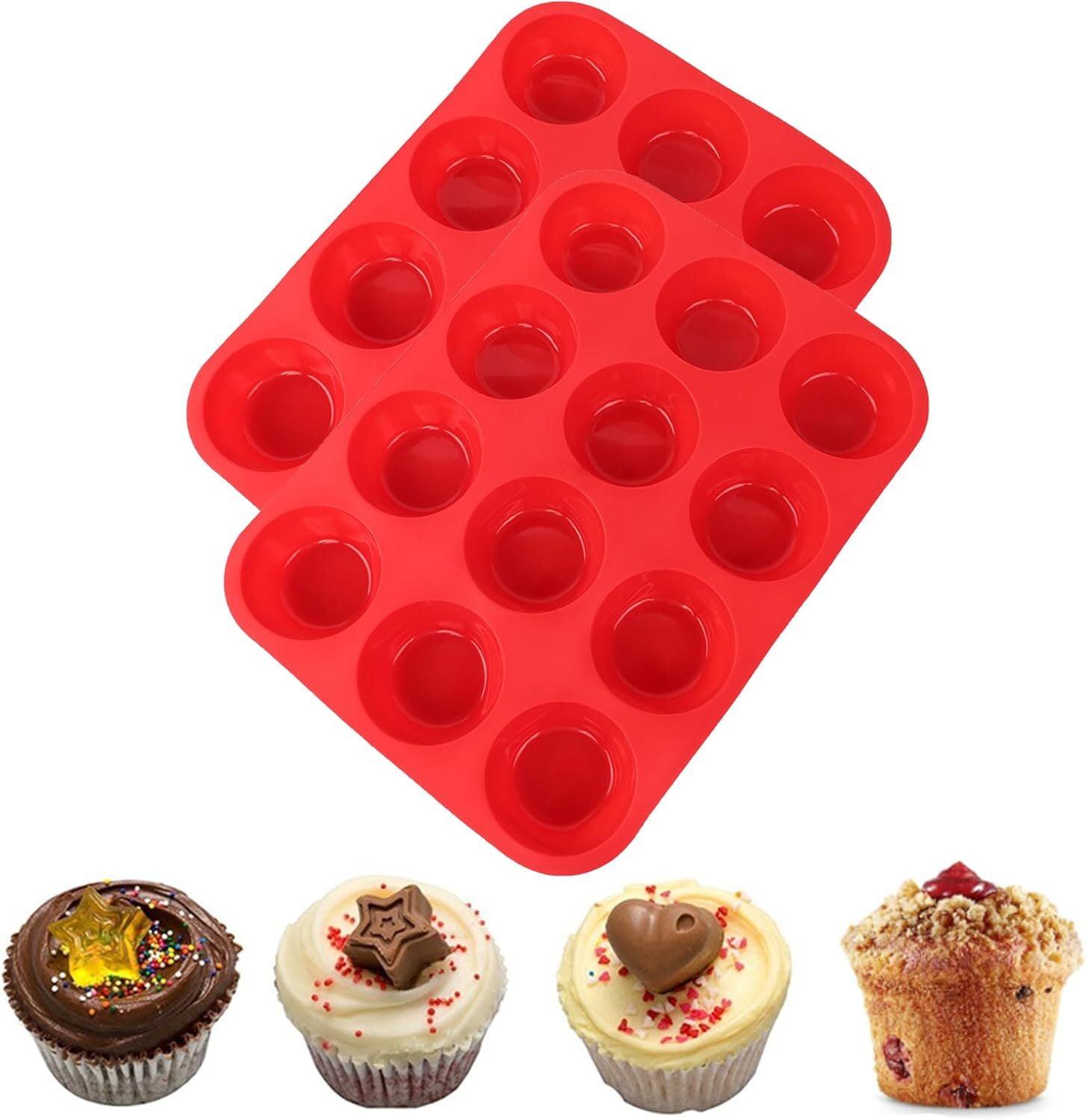 RUseeN Silicone Muffin Pan 2 Pack - 12 Cups Regular Silicone Cupcake Pan, Non-stick Silicone Great for Making Muffin Cakes, Tart, Bread - BPA Free and Dishwasher Safe