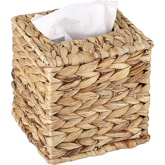 PINXIURY Water Hyacinth Handwoven Tissue Box Cover, Natural Handmade Wicker Napkin Box Holder, Handcrafted Square Facial Tissue, Rustic Decorative on Table and Bathroom, Office, Boho Decorative