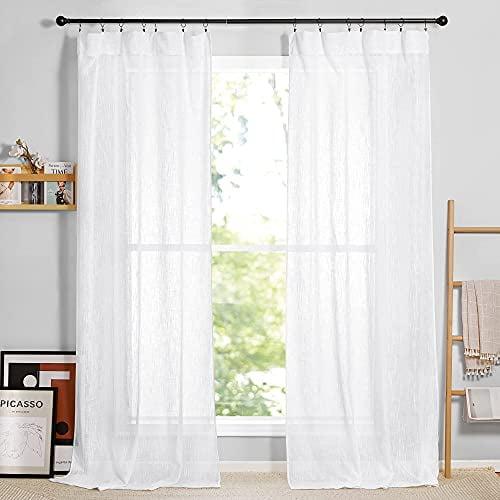 White Linen Textured Sheer 84-Inch Window Curtains