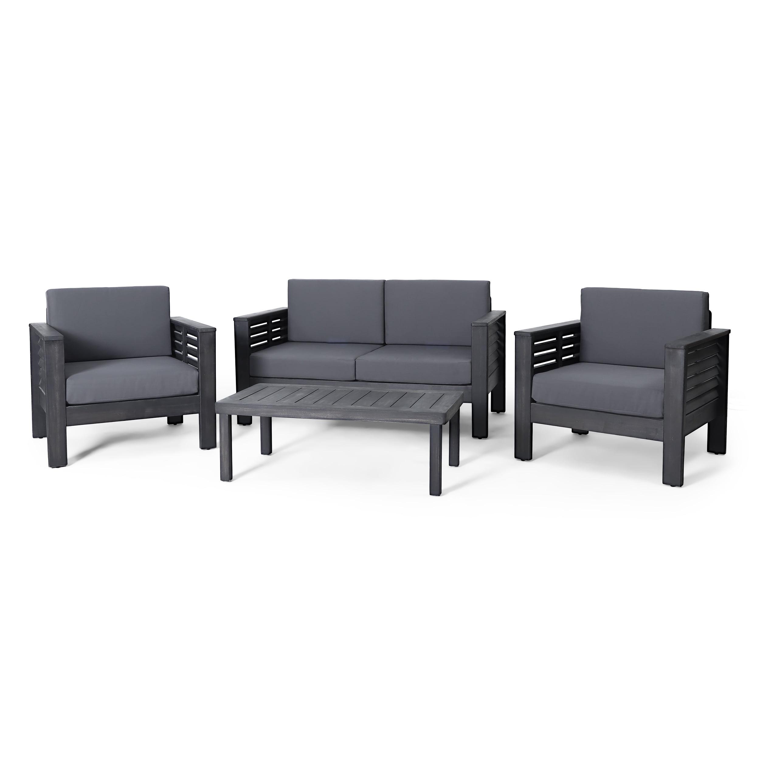 Christopher Knight Home Rabun Outdoor Acacia Wood 4 Seater Chat Set with Cushions, Dark Gray