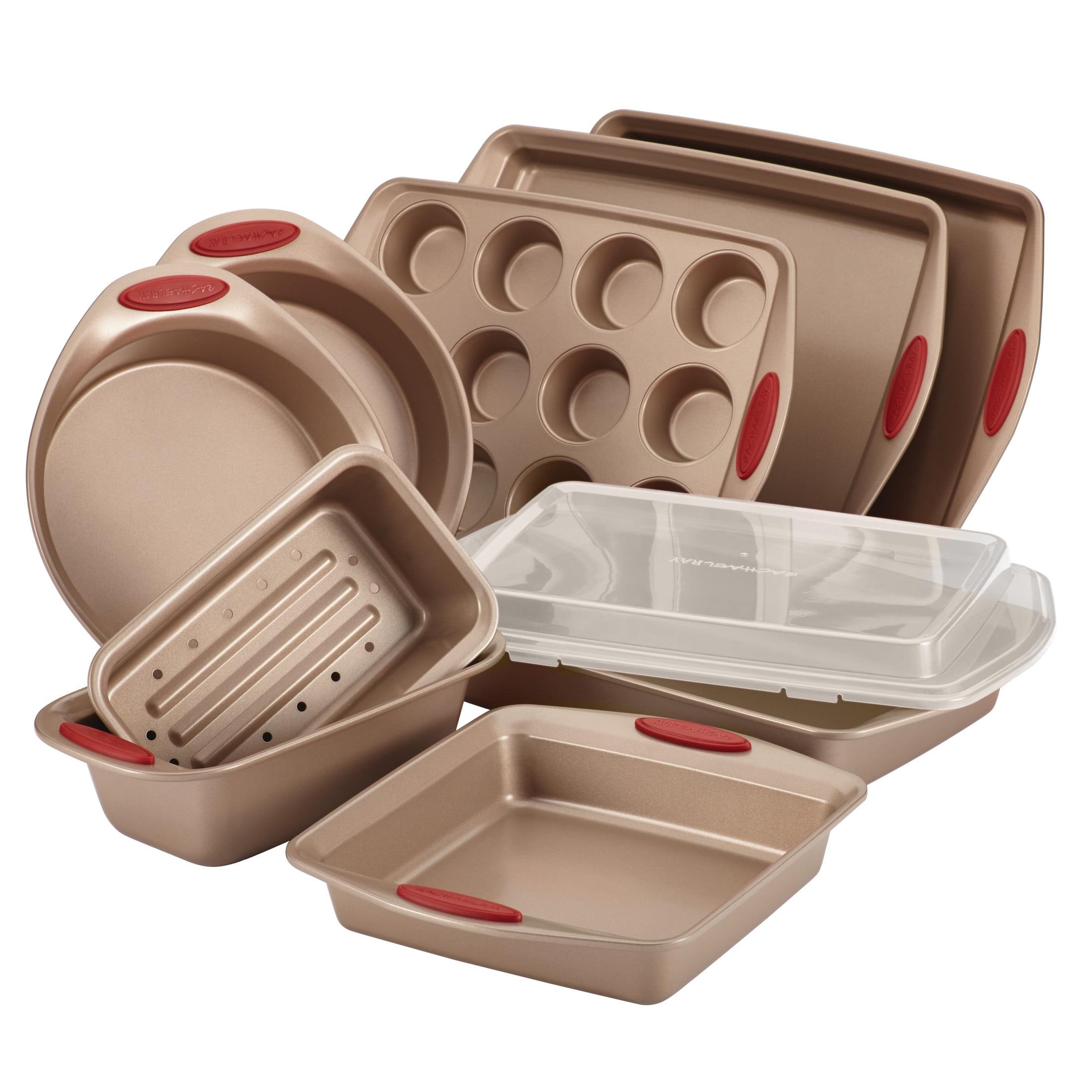 Latte Brown Nonstick 10-Piece Bakeware Set with Red Handles