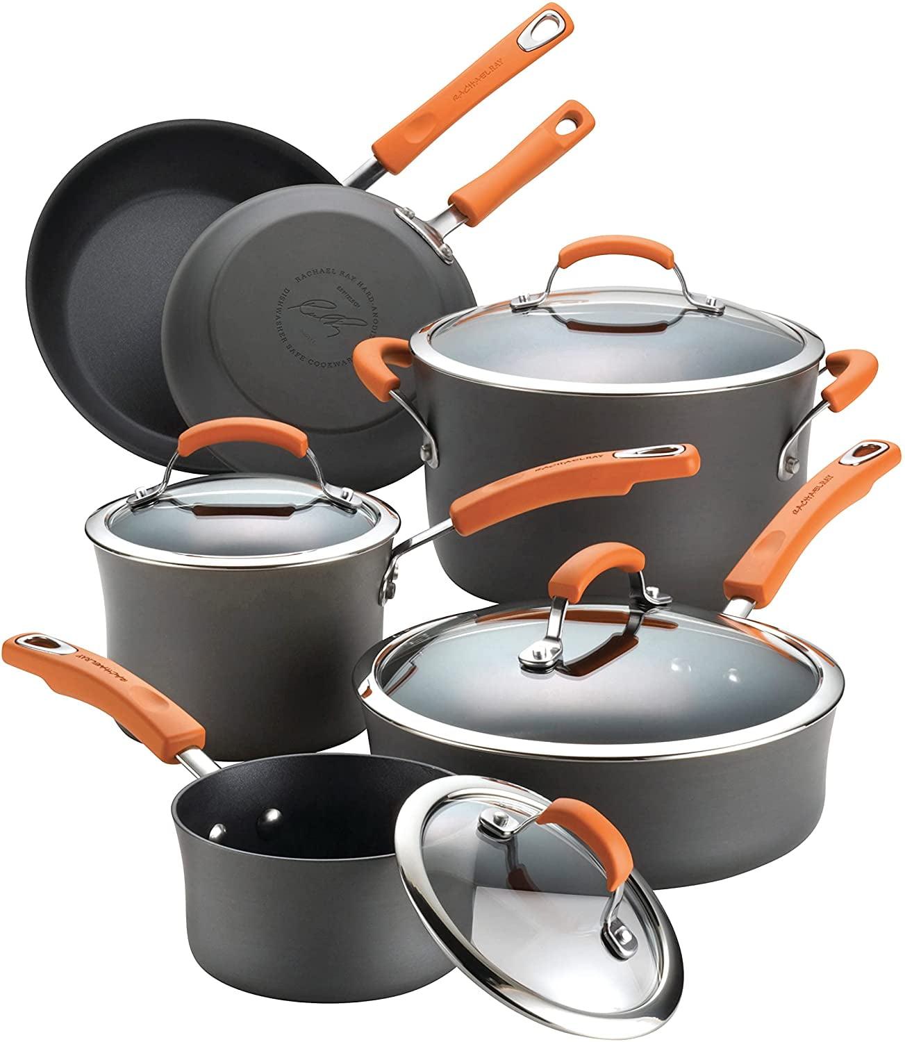 Rachael Ray Rachael Ray Brights Hard Anodized Nonstick Cookware Pots and Pans Set, 10 Piece, Gray with Handles