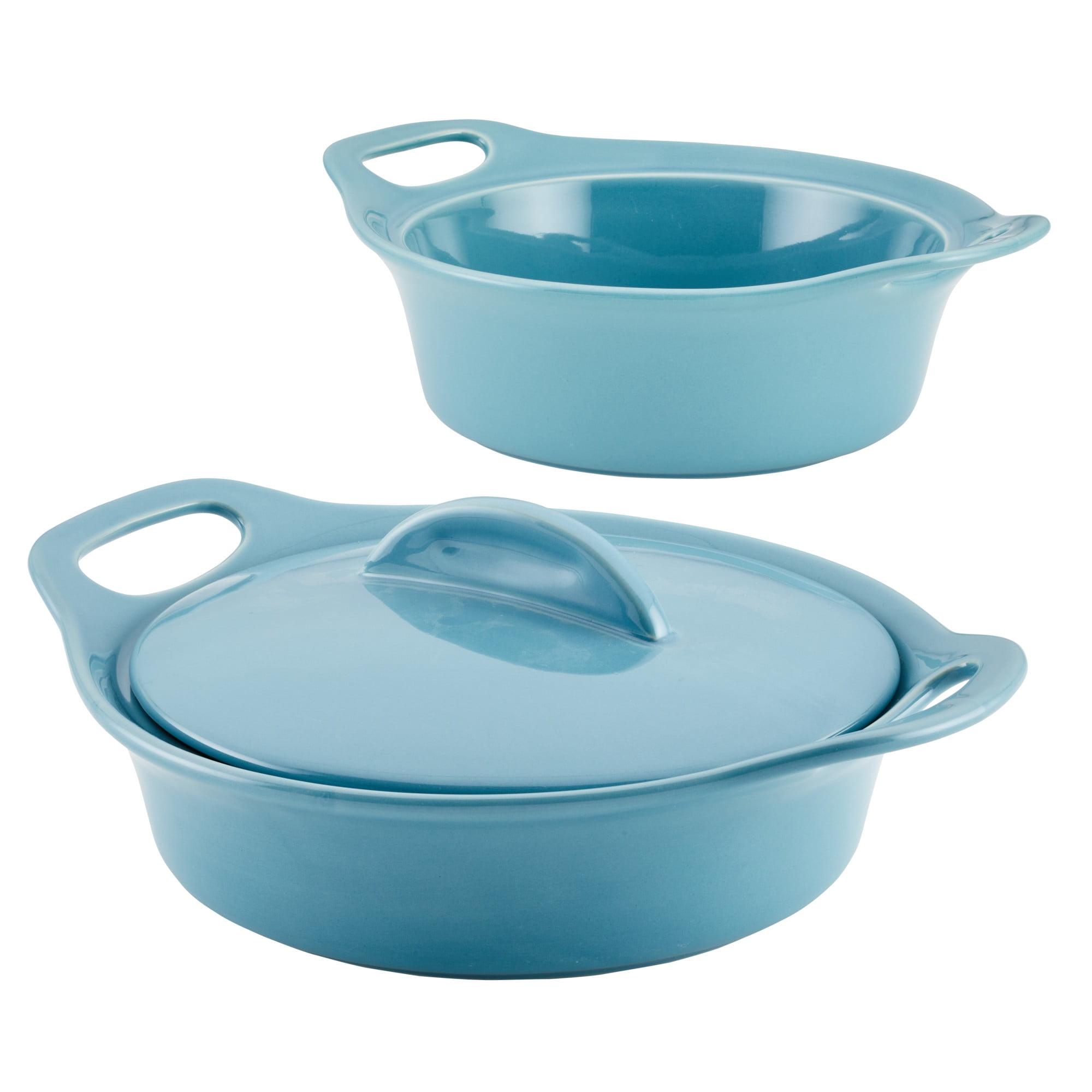 Rachael Ray Solid Glaze Ceramic 3pk Round Casserole Set with Shared Lid Agave Blue: Bakeware with Lid, Even-Heating