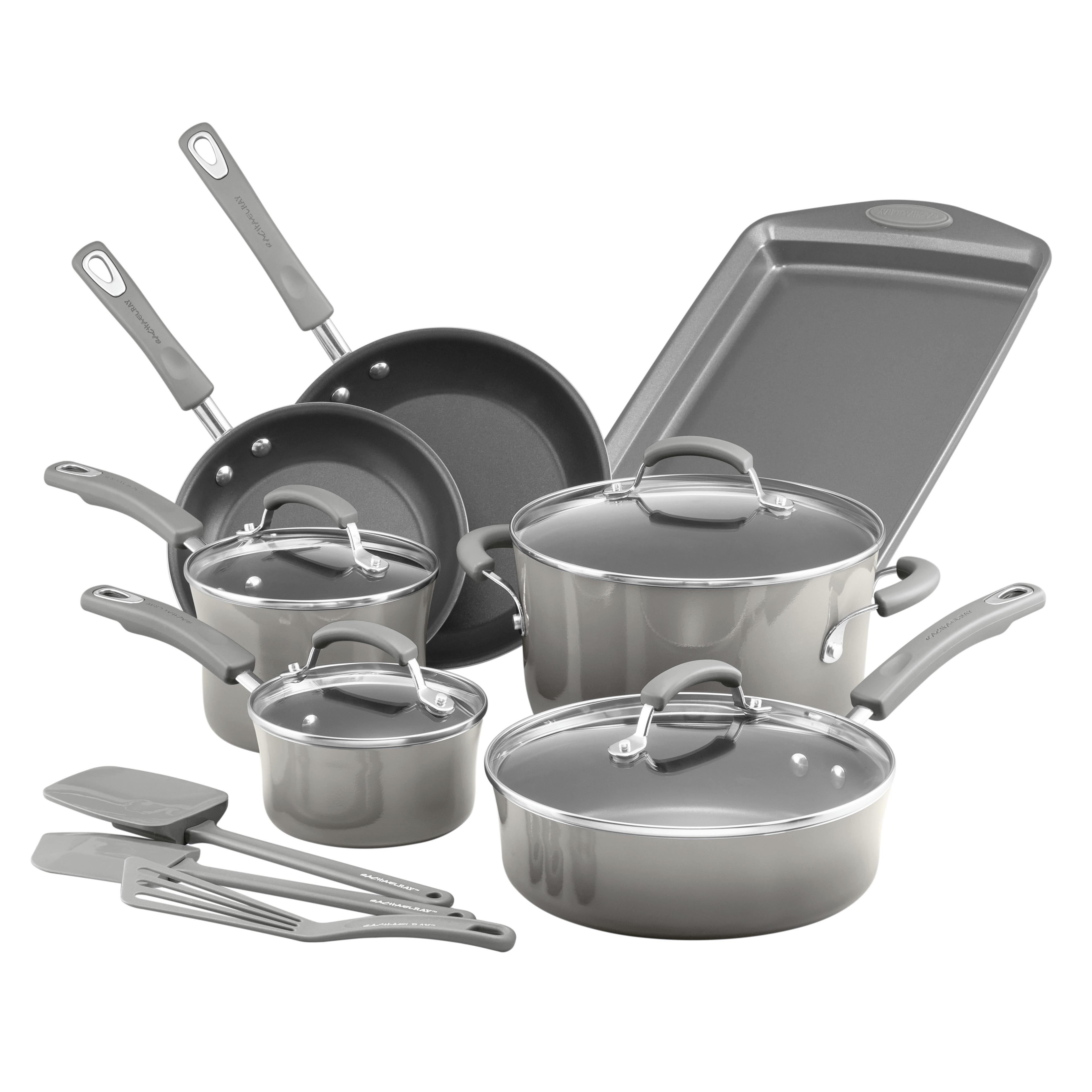 Gray 14-Piece Nonstick Aluminum Cookware Set with Enamel Finish