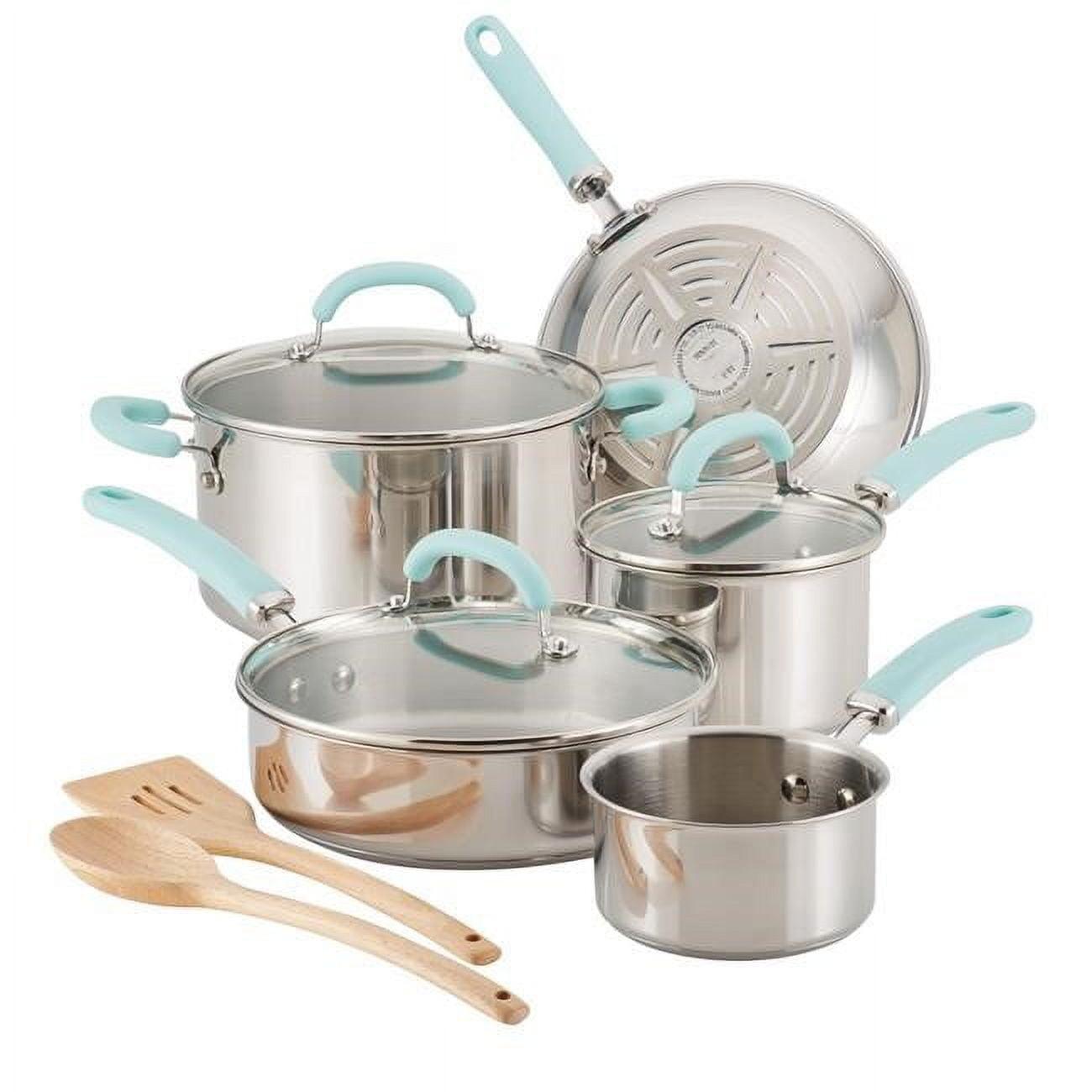 10-Piece Stainless Steel Cookware Set with Light Blue Handles