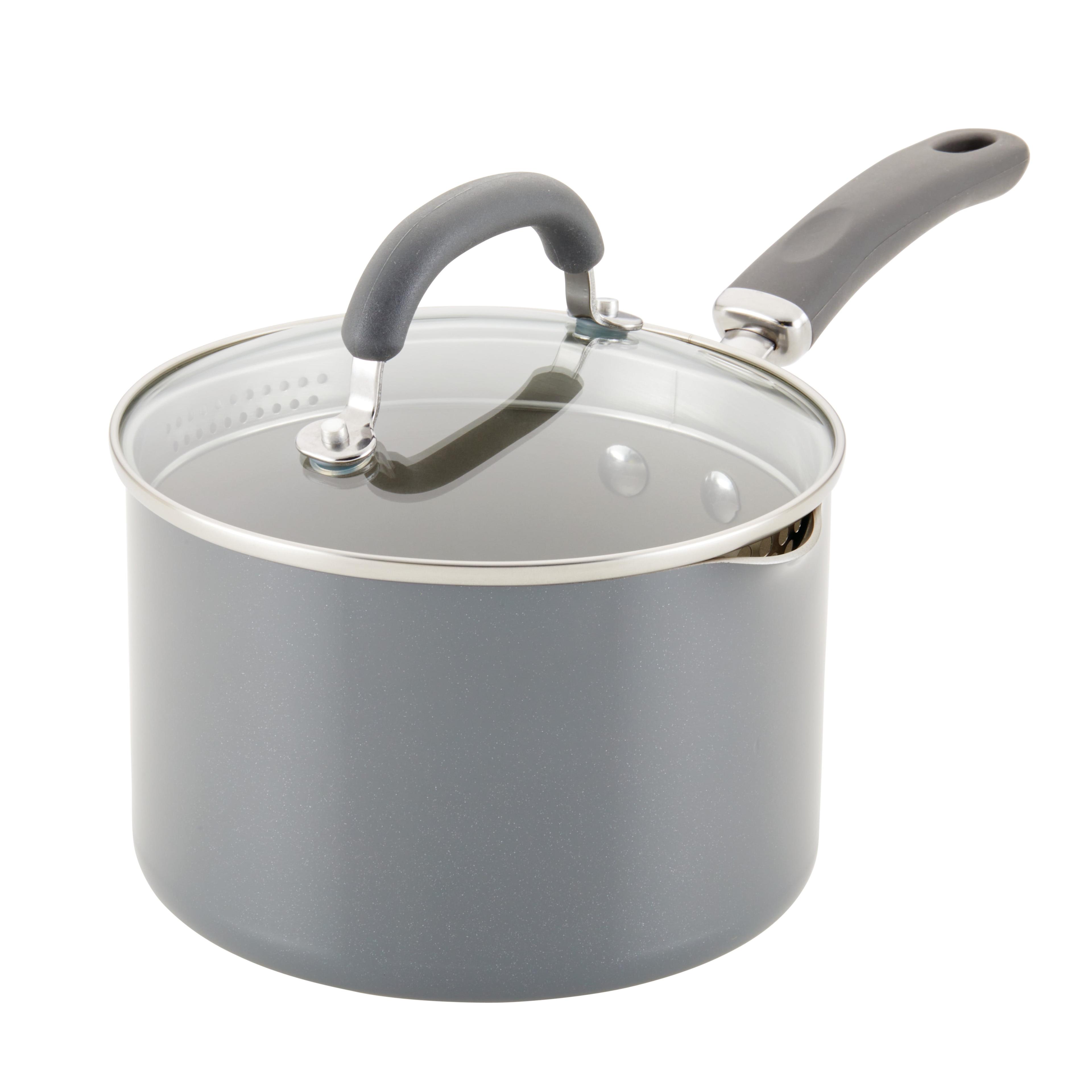 Gray Aluminum Non-stick Straining Saucepan with Lid, 3-Quart