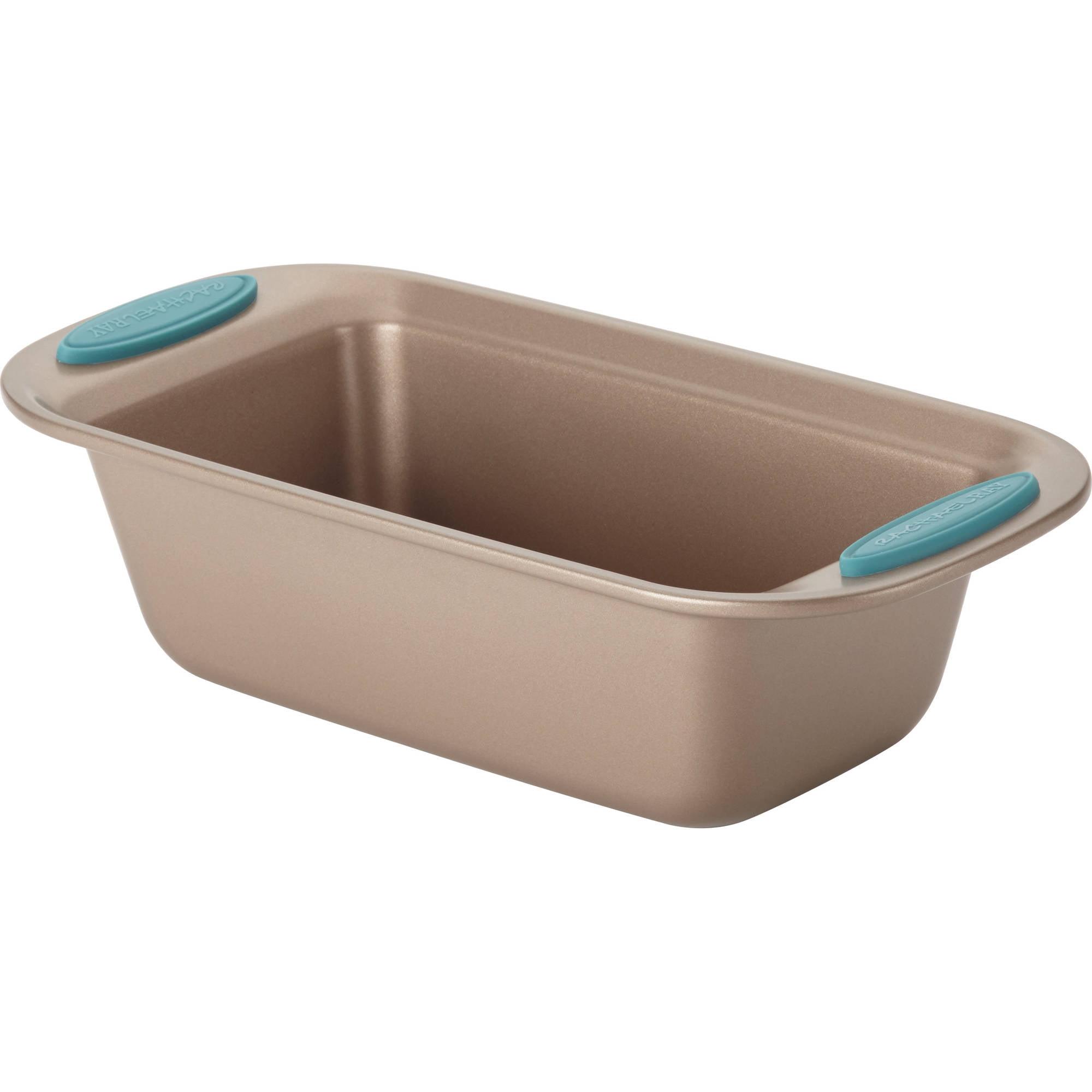 Latte Brown Nonstick Steel Loaf Pan with Blue Handles, 9" x 5"